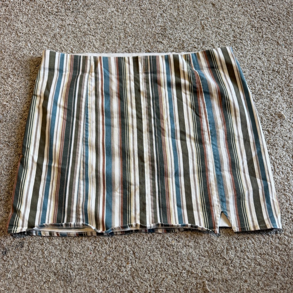 Jolt Womens XL Striped Mini Skirt Blue Brown Gray Front Slit High Rise